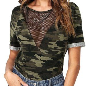 Camo Print Deep Mesh V Neck Shirt